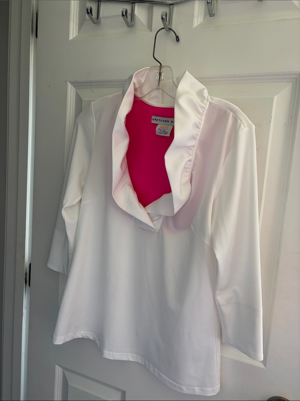Gretchen Scott Designs White Ruffle V-Neck Blouse with Pink Lining